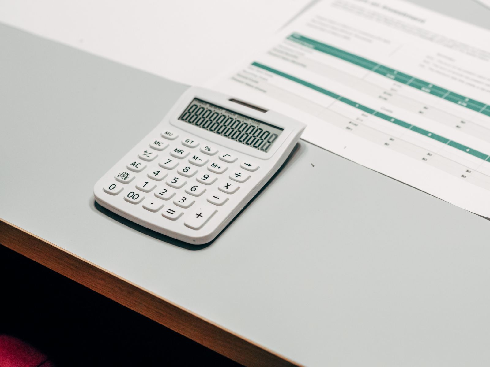 Calculator resting on a printed spreadsheet report on an office desk