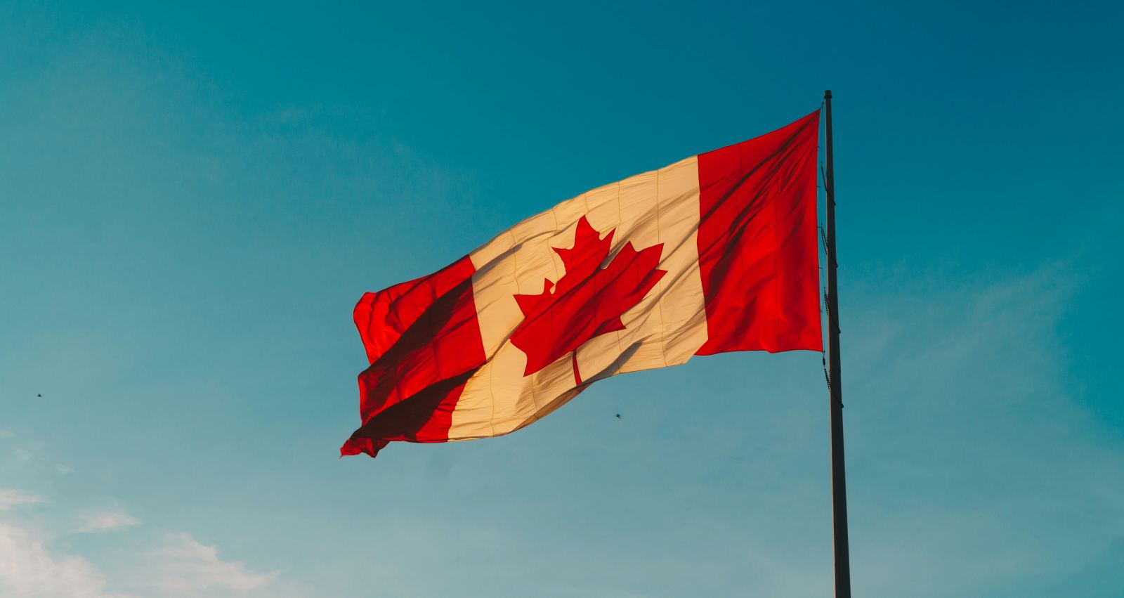 Canadian flag waving against a clear blue sky