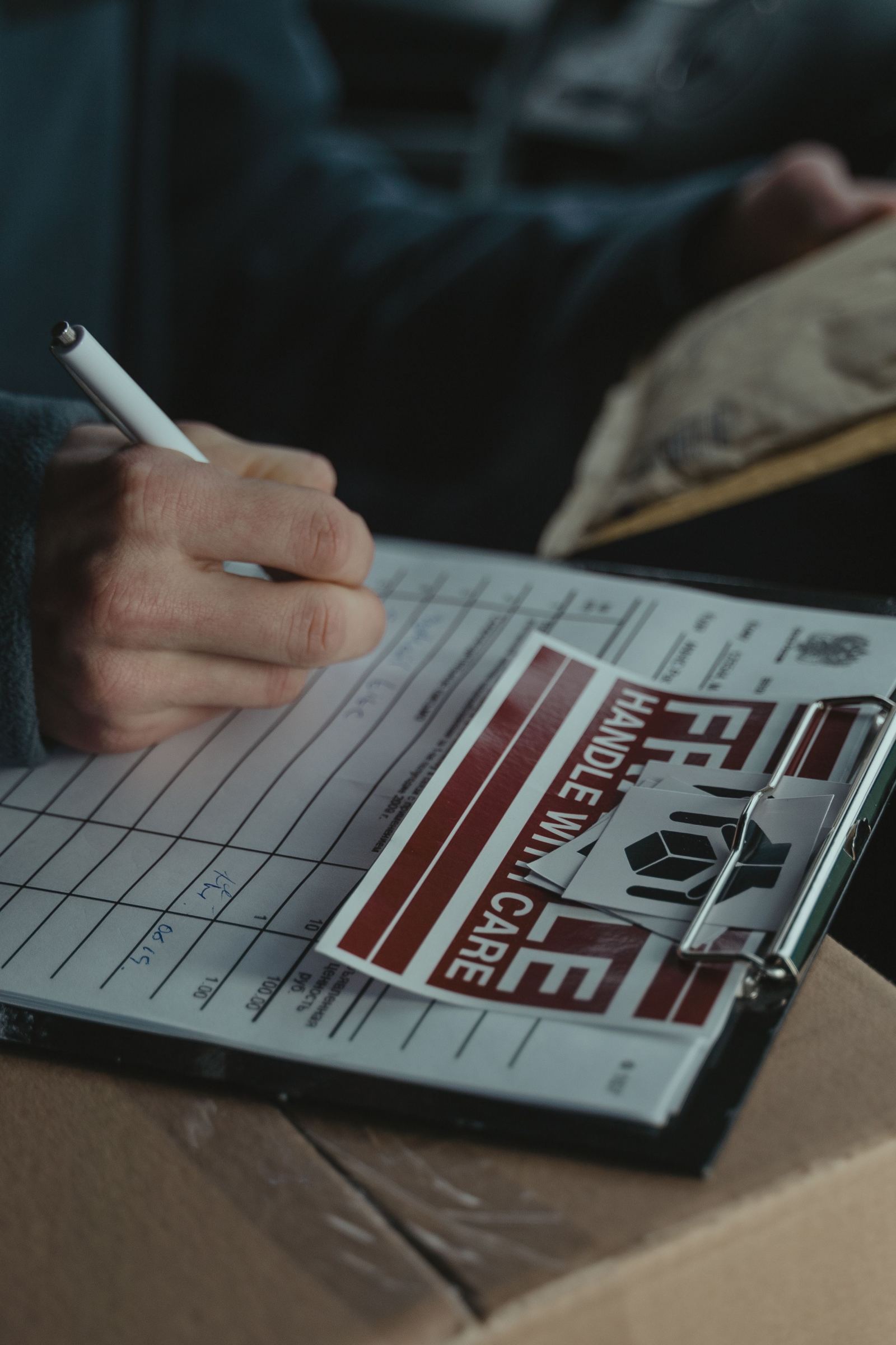 Hand signing a delivery form on a clipboard with a Fragile Handle With Care label