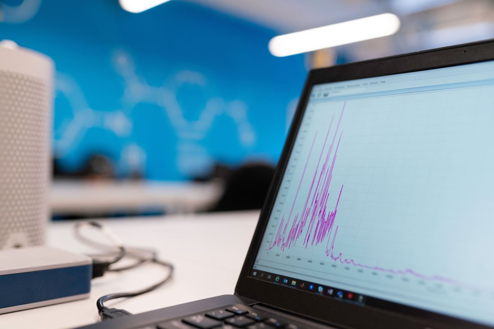 Laptop screen displaying a data analysis graph on an office desk
