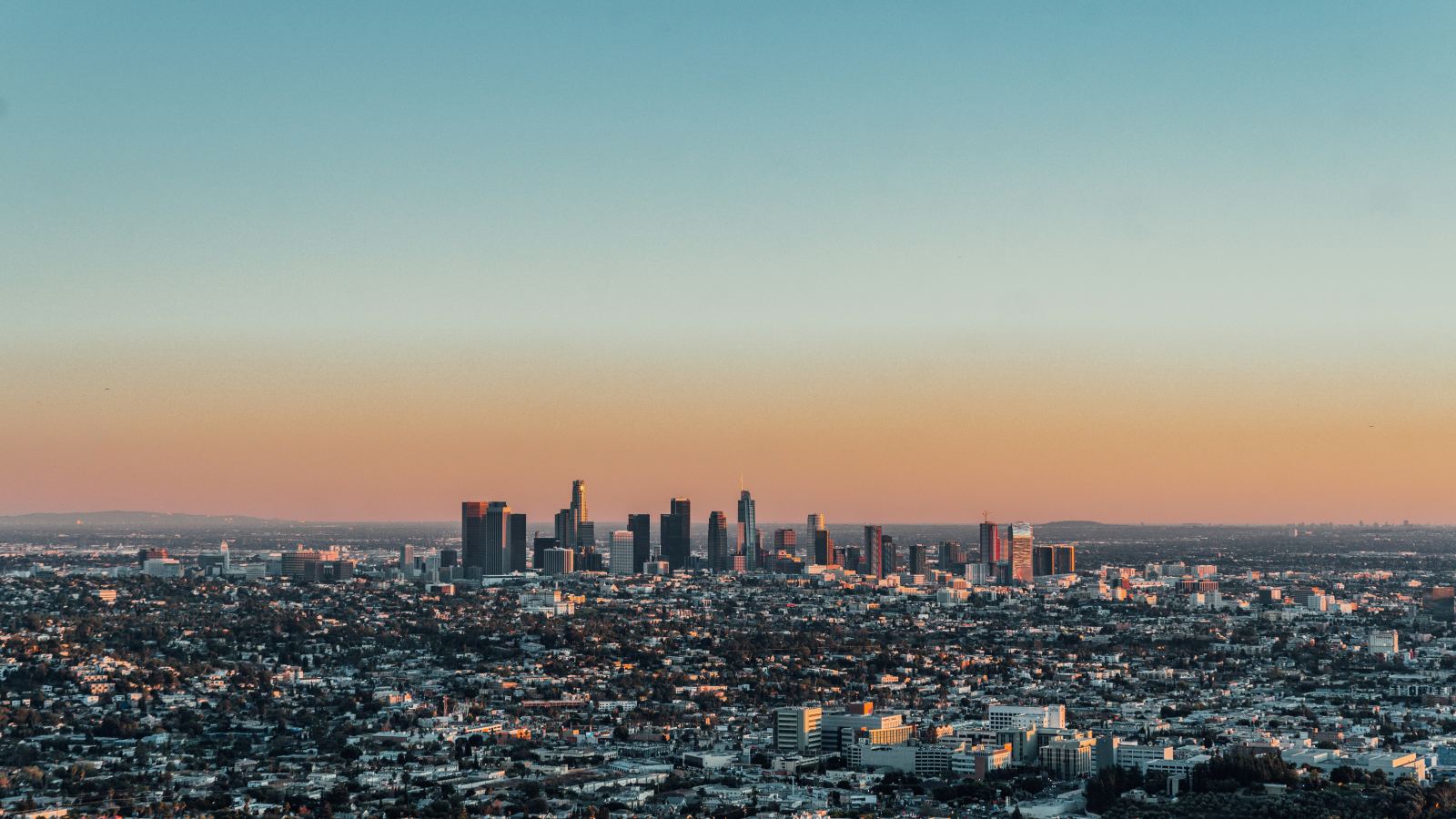 Aerial view of the Los Angeles skyline at sunset