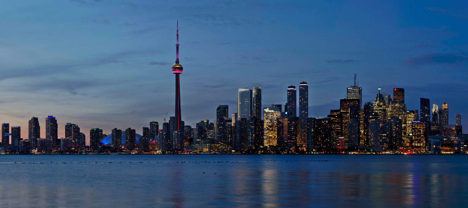 Toronto skyline at night with the CN Tower illuminated