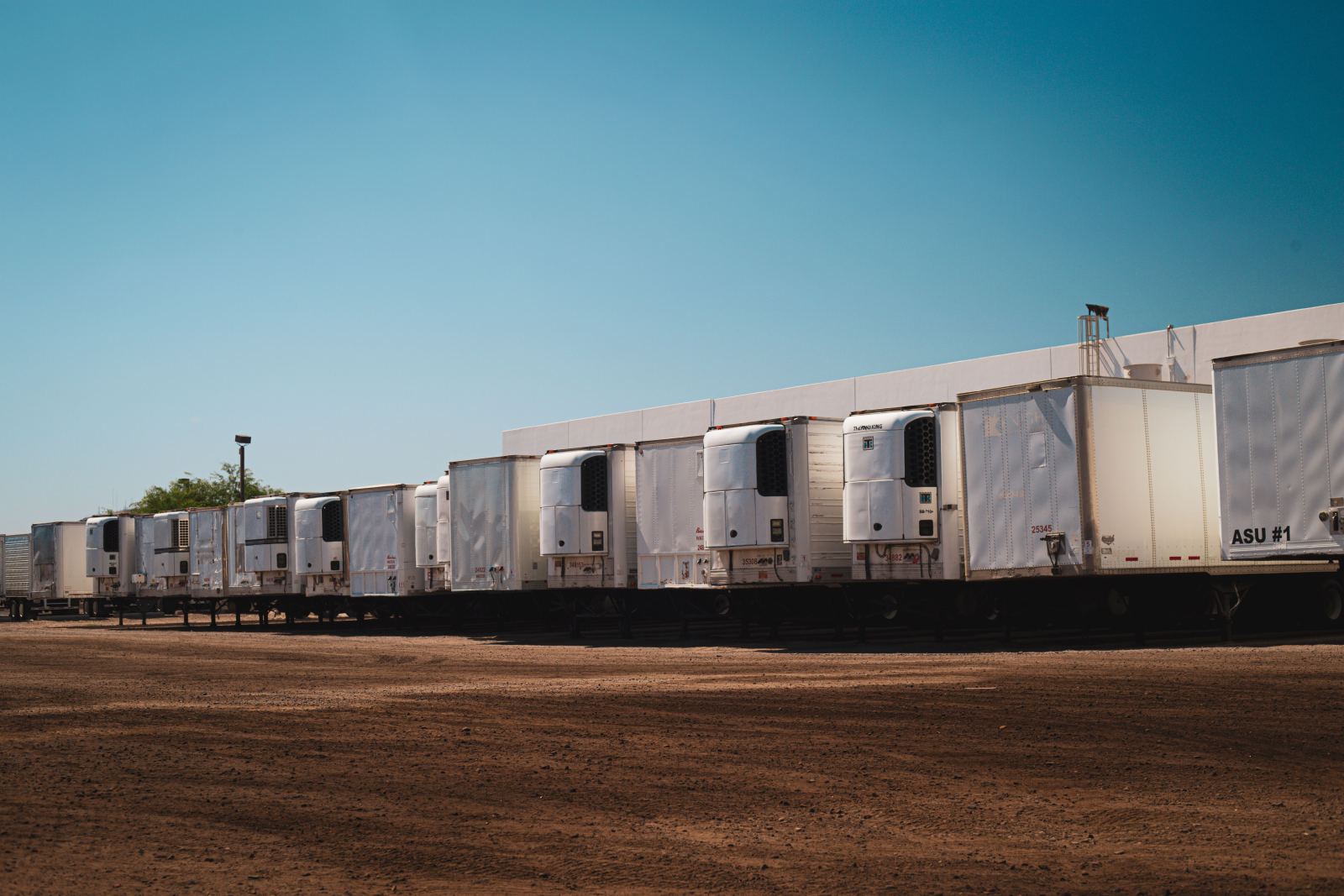 Row of refrigerated trailers parked at a distribution warehouse