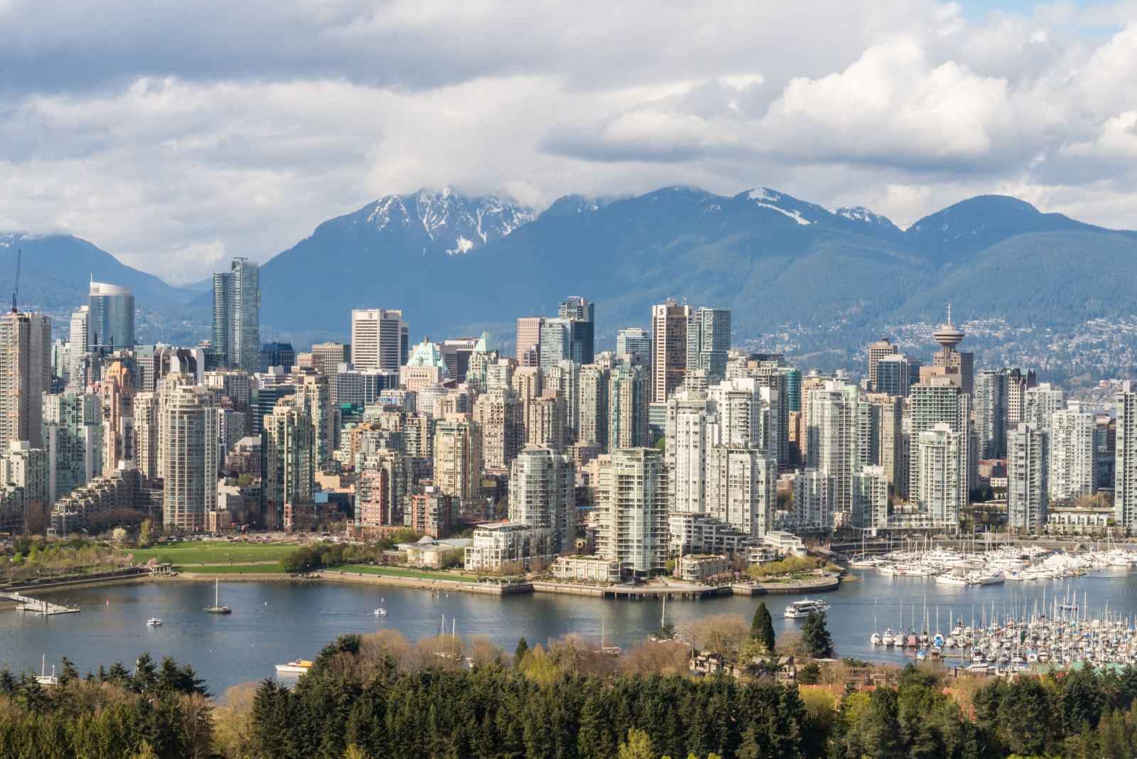 Vancouver skyline with mountains and a marina during the day
