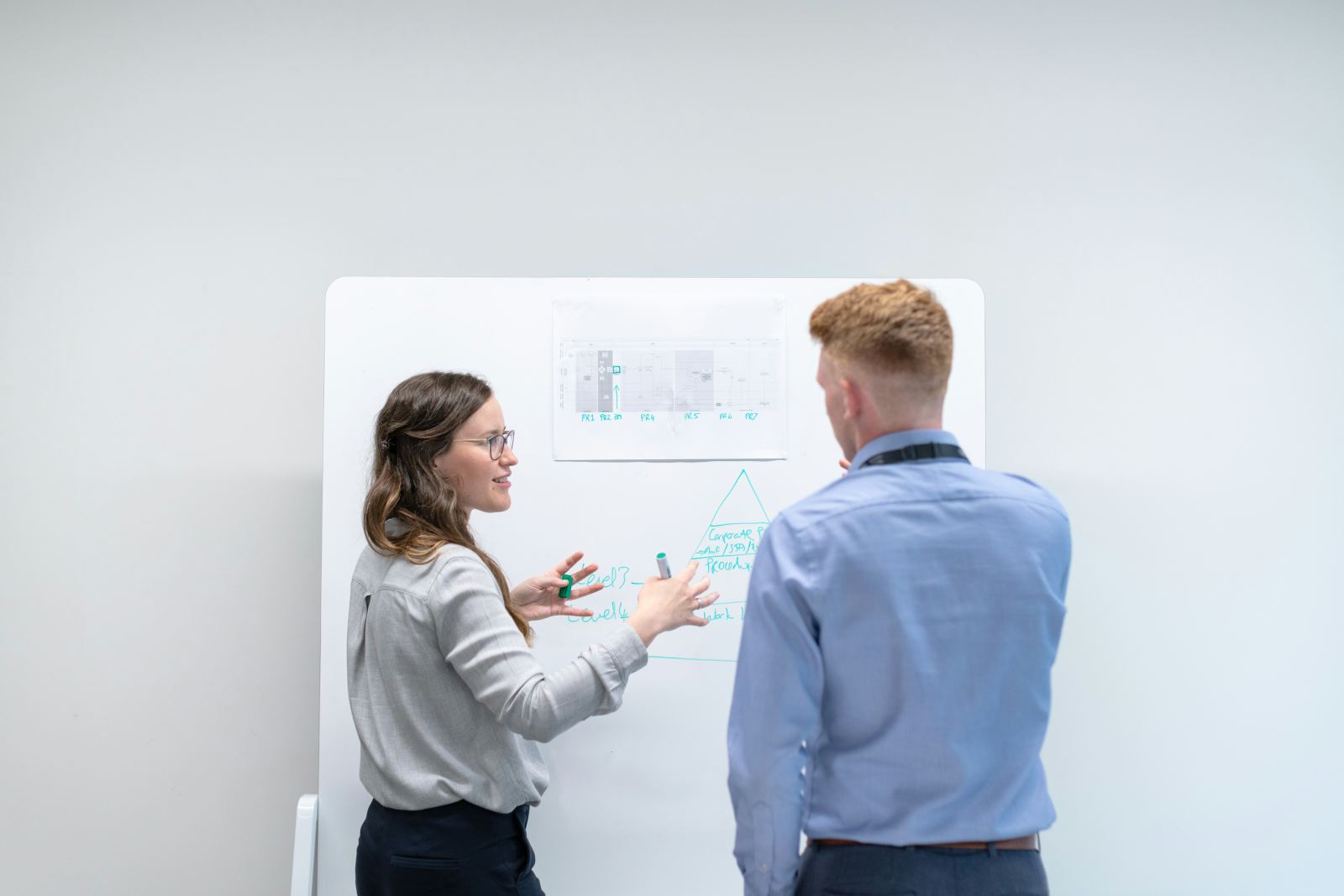 Two colleagues discussing a corporate process diagram taped to a whiteboard