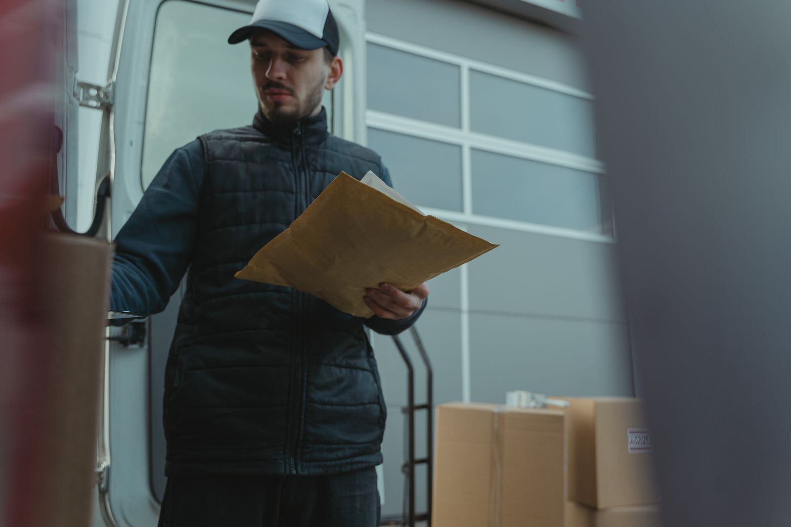 Courier driver checking packages beside a delivery van for last-mile dispatch coverage