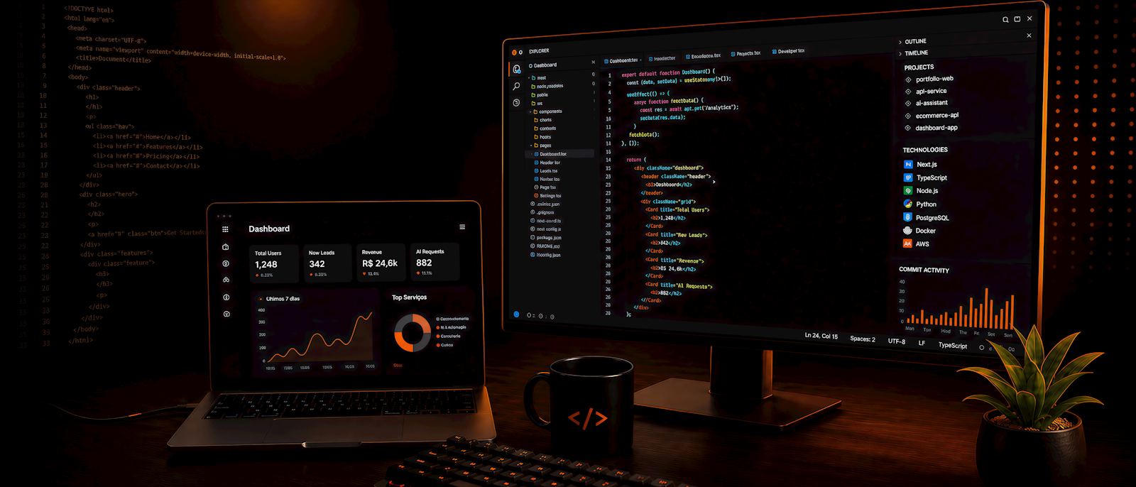 Developer workspace with code editor and dashboard on dual monitors